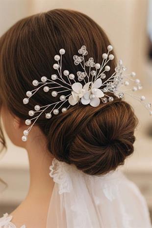 White Flower, Pearl and Crystal Bead Bridal Tiara, Side Comb Hair Clip, Henna, Engagement Hair Accessory