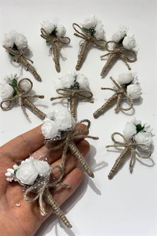 Beyaz Cipsolu Güllü Damat Yaka Çiçeği Sağdıç Çiçeği 10 Adet