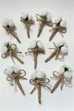 Beyaz Cipsolu Güllü Damat Yaka Çiçeği Sağdıç Çiçeği 10 Adet