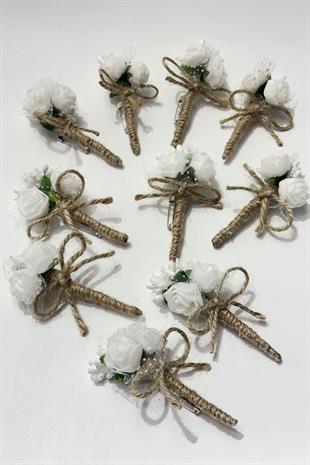 Beyaz Cipsolu Güllü Damat Yaka Çiçeği Sağdıç Çiçeği 10 Adet