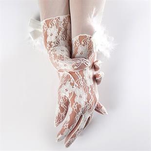 الجملة الدانتيل الأبيض وقفازات الزفاف مفصلة الريشة