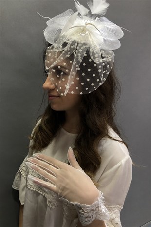 White Lace Gloves- Polka Dot Voile Wedding Hat Face Veils