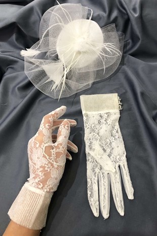 White Lace Gloves- Plain Voile Wedding Hat