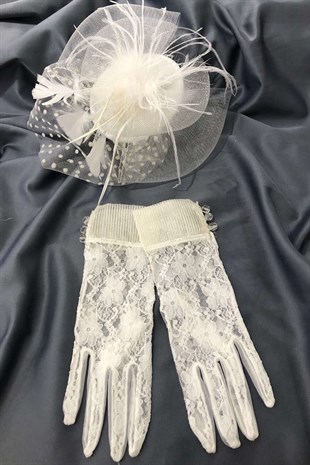 White Lace Floral Gloves-Potted Voilelet Wedding Hat