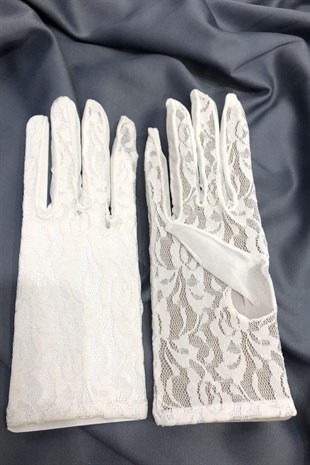 Beyaz Desenli Dantelli Eldiven