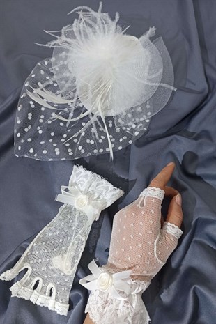 White Open Gloves- Polka Dot Voile Wedding Cap