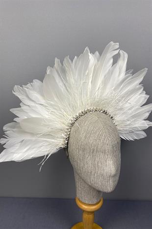 White Enda Feathered Stone Bridal Henna Crown Accessory