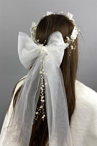 Beyaz Fiyonklu Ortanca Çiçekli Özel Gelin Kına Tacı