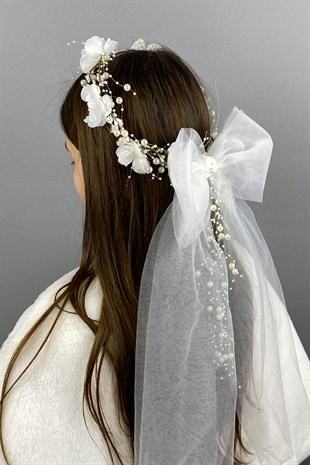 Beyaz Fiyonklu Ortanca Çiçekli Özel Gelin Kına Tacı