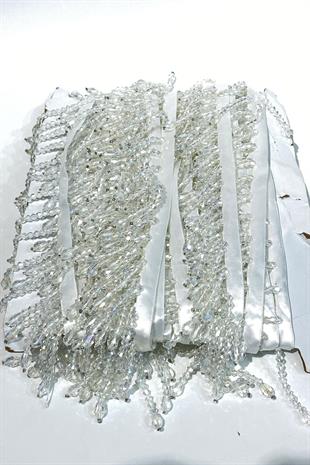 Beyaz Kristal Boncuk İşlemeli Saçak Püskül Şerit