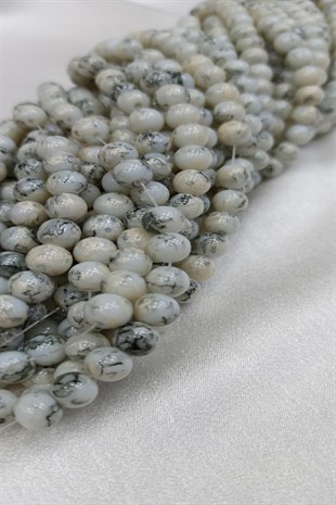 Beyaz Gri Desenli Dizi Cam Boncuk 8 mm