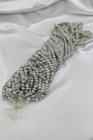 Beyaz Gri Desenli Dizi Cam Boncuk 8 mm