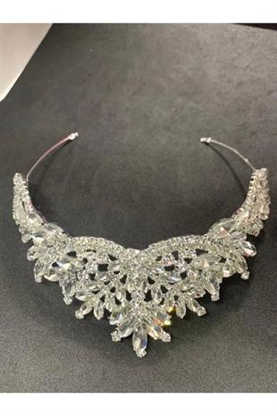 Beyaz Gümüş Kristal Taşlı Gelin Tacı