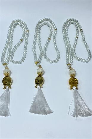 Beyaz Hediyelik Laleli Püsküllü Kristal Boncuklu 99 Lu Namaz Tesbihi ( Mevlüt-sünnet-hac-umre)