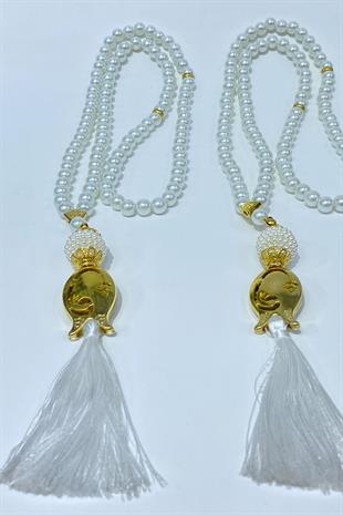 Beyaz Hediyelik Laleli Püsküllü Kristal Boncuklu 99 Lu Namaz Tesbihi ( Mevlüt-sünnet-hac-umre)