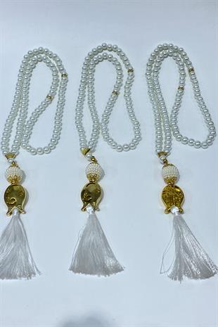 Beyaz Hediyelik Laleli Püsküllü Kristal Boncuklu 99 Lu Namaz Tesbihi ( Mevlüt-sünnet-hac-umre)