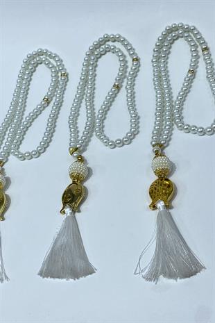 Beyaz Hediyelik Laleli Püsküllü Kristal Boncuklu 99 Lu Namaz Tesbihi ( Mevlüt-sünnet-hac-umre)