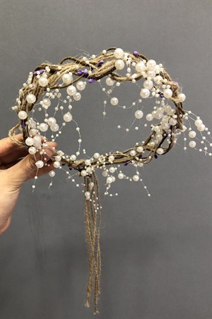 Beyaz İncili Hasırlı Taç