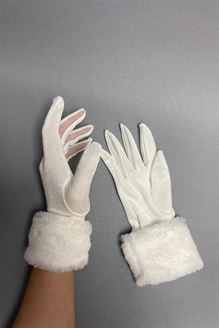 Beyaz İpek Kadife Kürklü Eldiven