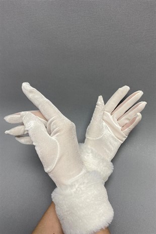 Beyaz İpek Kadife Kürklü Eldiven