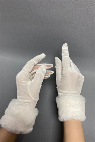 Beyaz İpek Kadife Kürklü Eldiven