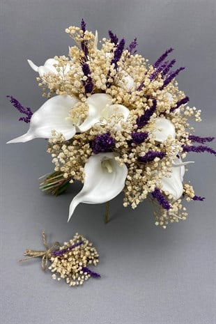 White Wet Gala Bride Bouquet and Groom Boutonniere with Cipso