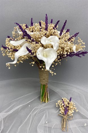White Wet Gala Bride Bouquet and Groom Boutonniere with Cipso