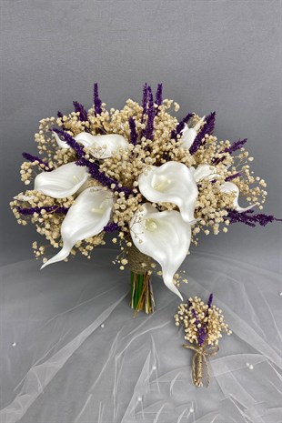 White Wet Gala Bride Bouquet and Groom Boutonniere with Cipso