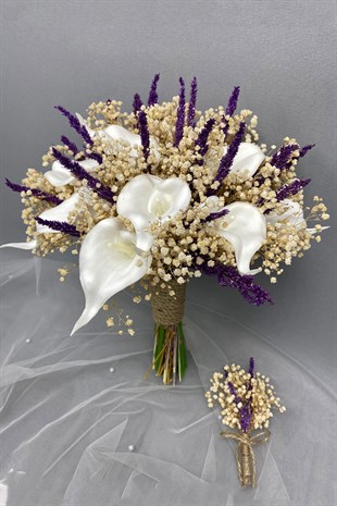 White Wet Gala Bride Bouquet and Groom Boutonniere with Cipso