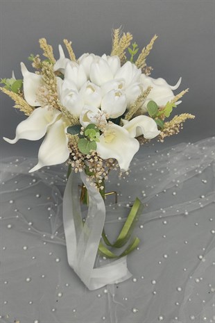 Beyaz Islak Gala Gelin Buketi Ve Damat Çiçeği