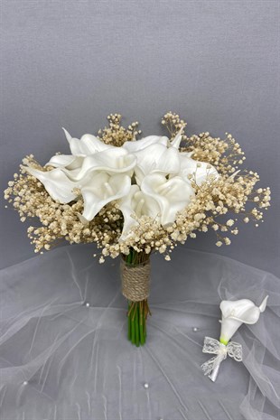 White Wet Gala Bridal Bouquet and Grooms Flowers with Cream Chips