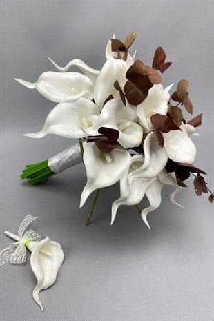 White Wet Gala Bride Bouquet with Eucalyptus and Grooms Flower