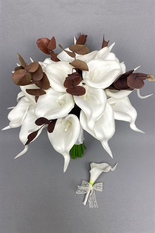 White Wet Gala Bride Bouquet with Eucalyptus and Grooms Flower