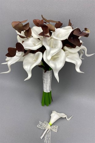 White Wet Gala Bride Bouquet with Eucalyptus and Grooms Flower