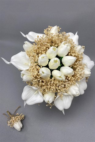Beyaz  Islak Lale ve Gala Gelin Buketi ve Damat Çiçeği