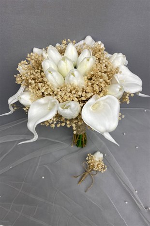 Beyaz  Islak Lale ve Gala Gelin Buketi ve Damat Çiçeği