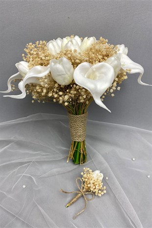 Beyaz  Islak Lale ve Gala Gelin Buketi ve Damat Çiçeği