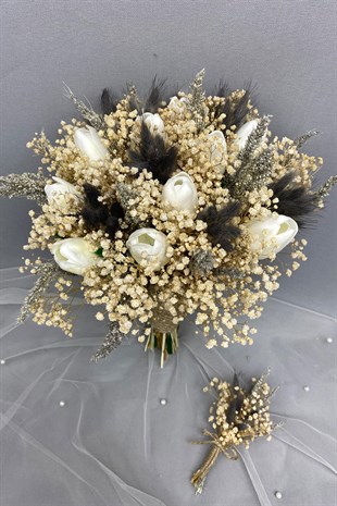 Beyaz  Islak Laleli Gelin Buketi ve Damat Çiçeği Seti