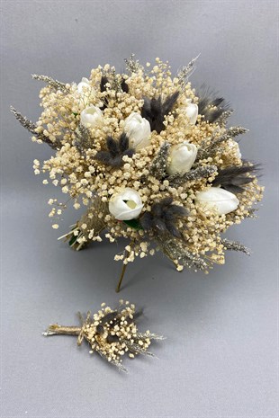 Beyaz  Islak Laleli Gelin Buketi ve Damat Çiçeği Seti