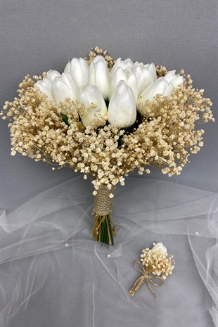 Bride Bouquet and Groom Boutonniere with White Wet Tulip Cream Gypsum