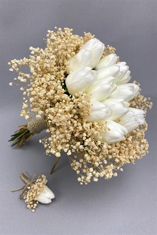 Bride Bouquet and Groom Boutonniere with White Wet Tulip Cream Gypsum