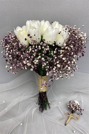 Bride Bouquet and Groom Boutonniere with Purple Gypsum with White Wet Tulips