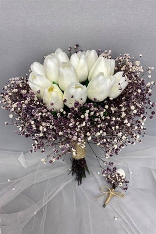 Bride Bouquet and Groom Boutonniere with Purple Gypsum with White Wet Tulips