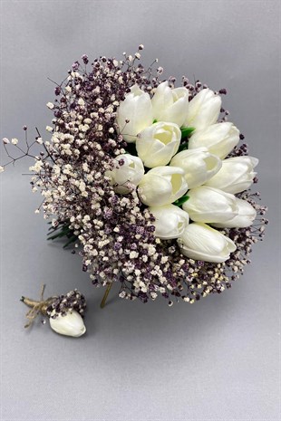 Bride Bouquet and Groom Boutonniere with Purple Gypsum with White Wet Tulips