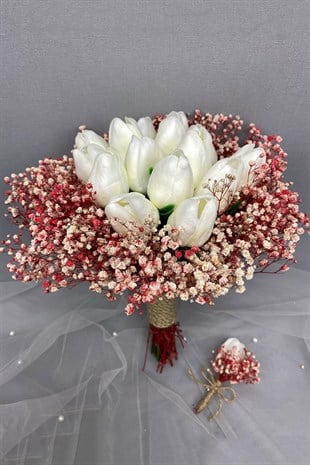 White Wet Tulip Powder Bridal Bouquet and Groom Boutonniere