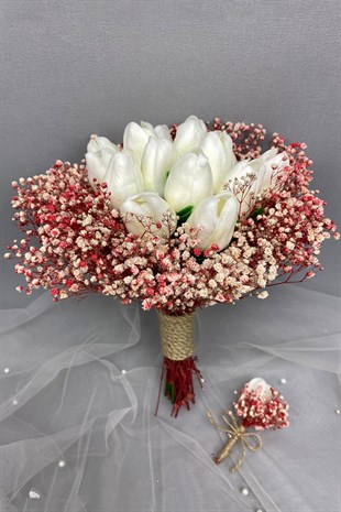 White Wet Tulip Powder Bridal Bouquet and Groom Boutonniere