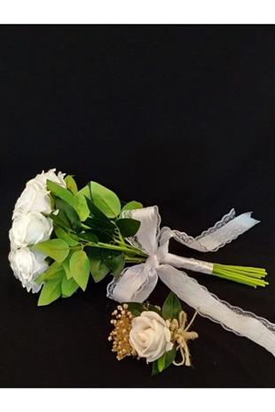 Beyaz Kadife Güller Ve Damat Yaka Çiçeği.gelin Buketi.düğün.nişan.