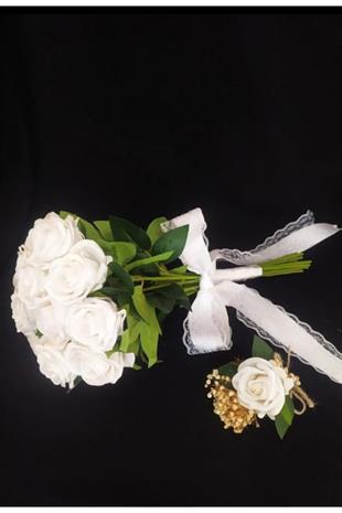 Beyaz Kadife Güller Ve Damat Yaka Çiçeği.gelin Buketi.düğün.nişan.