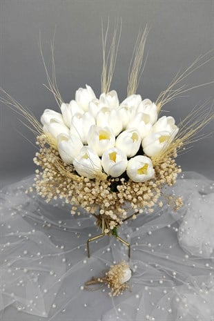 Beyaz Laleli Gelin Buketi Ve Damat Yaka Çiçeği 20 Adet Lale