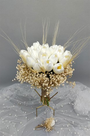 Beyaz Laleli Gelin Buketi Ve Damat Yaka Çiçeği 20 Adet Lale